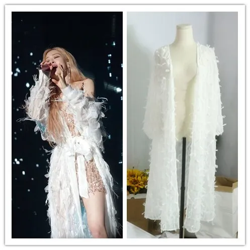 kpop ROSE Fairy style white feather tassel long cardigan sweater women Korean temperament  long sleeved thin sweaters