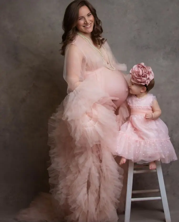 Bata de sesión de fotos de ilusión elegante para mujer, Kimono Sexy con volantes de mangas largas de tul, albornoz de maternidad transparente para fiesta de embarazadas