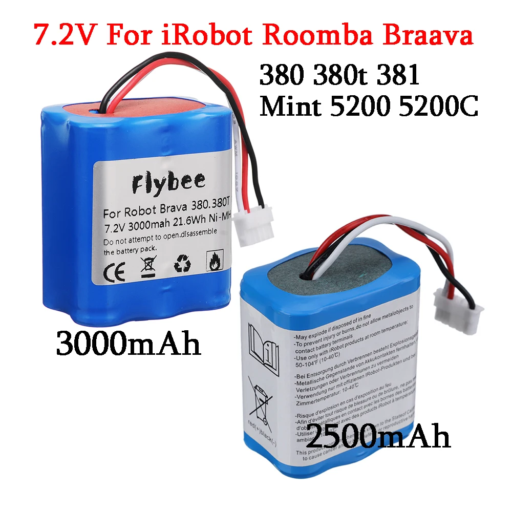 Upgrade 7.2V 2500mAh/3000mAh Ni-MH Battery for irobot braava 380T 380 390T Mint 5200 5200B 5200C 7.2v Rechargeable battery