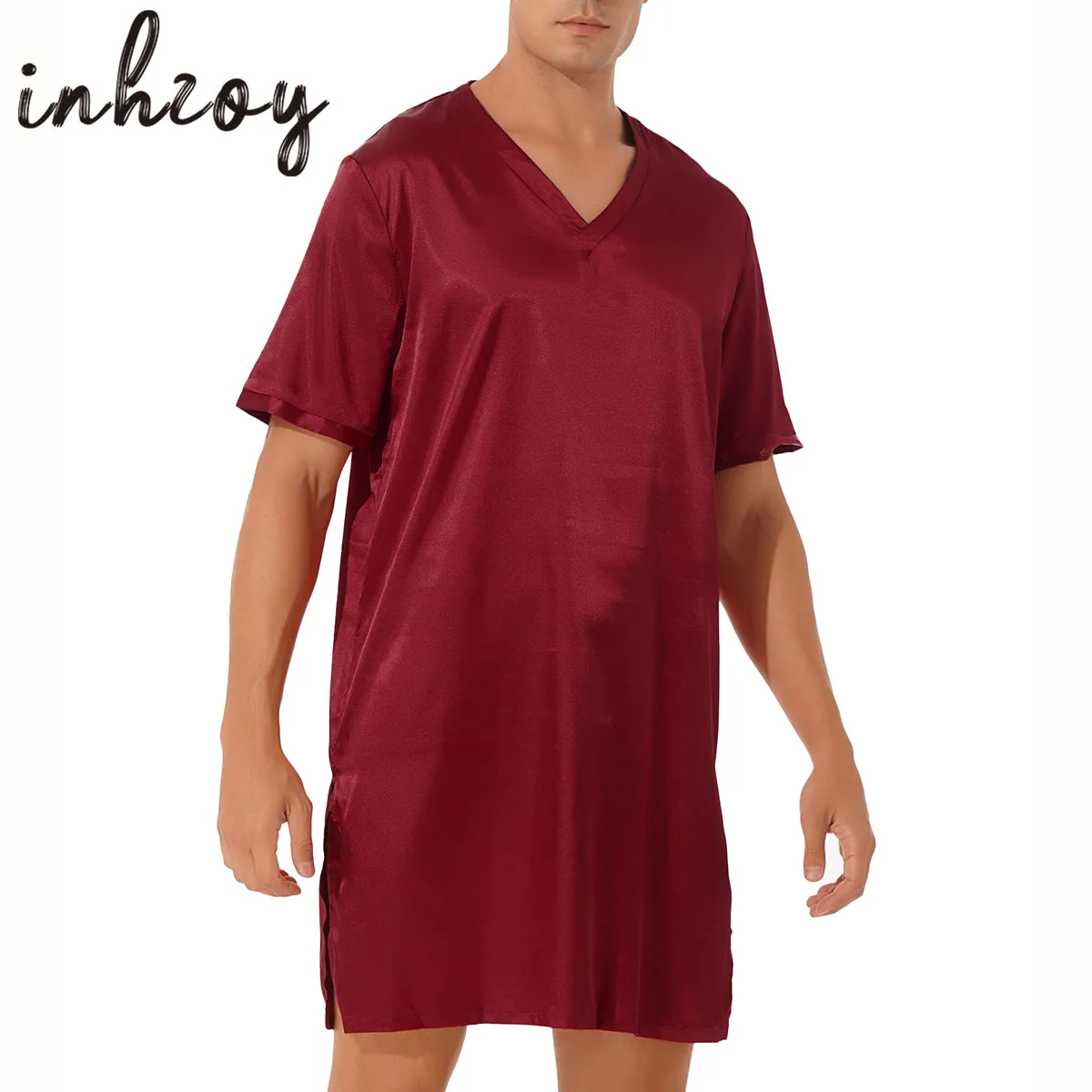 Men Silk Satin Pajamas Side Slit Short-Sleeved V-neck Casual Lounge Top Home Wear