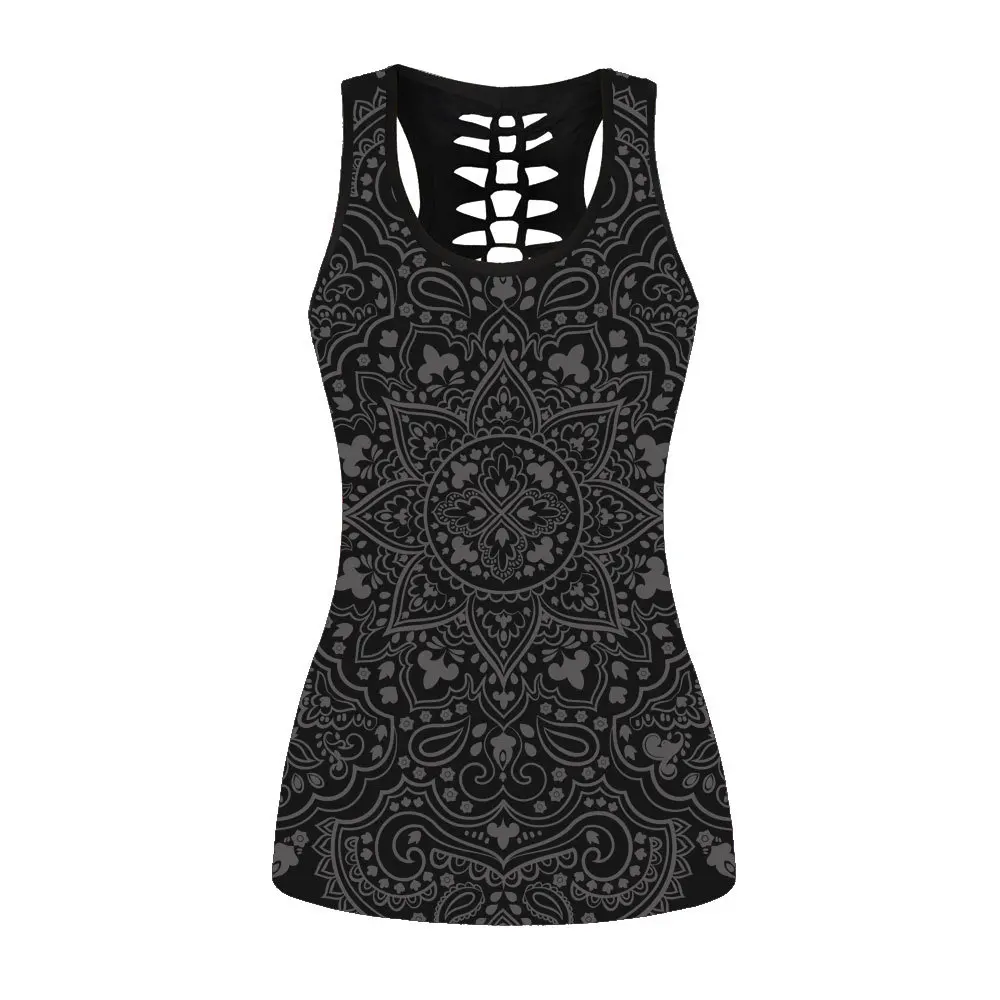 Women Yoga Tops Printed Sleeveless Shirt Quick Dry Running Undershirt Gym Fitness Tank Top S-4XL Oversized Hollow Out Sport Vest