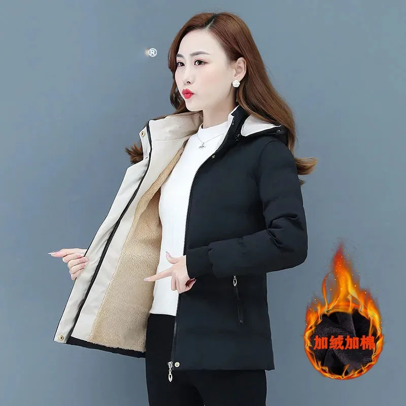 Winter Ladies Jacket New 2023 Add Velvet Add Cotton Down Cotton Clothes Women Coats Loose Removable Cap Warm Female Outerwear