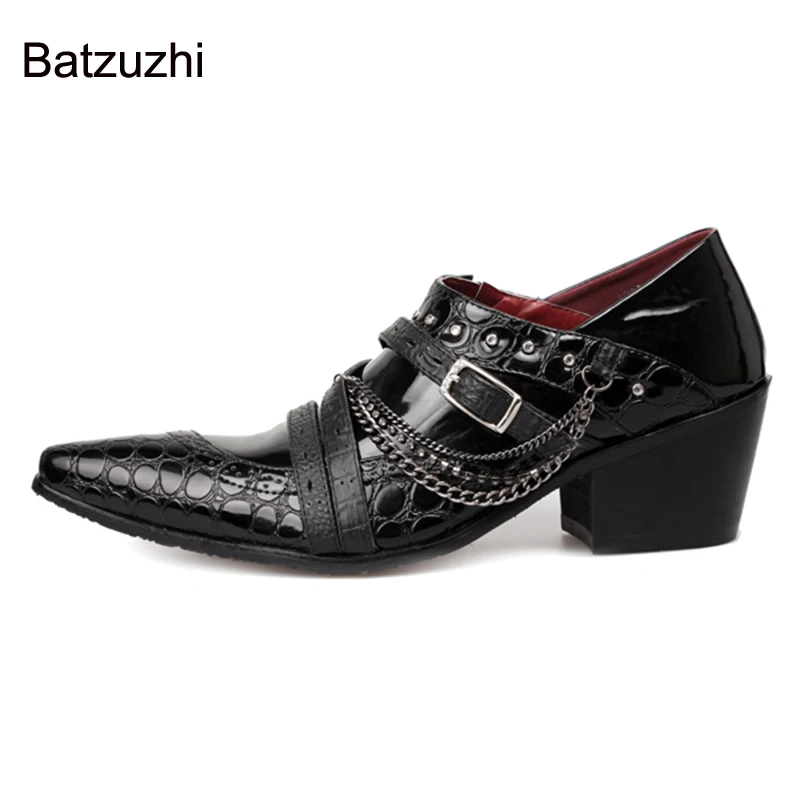 Batzuzhi Japanese Type Men's Shoes 6.5cm High Heels Black Leather Dress Shoes Men for Business/Party/Wedding Shoes with Chians