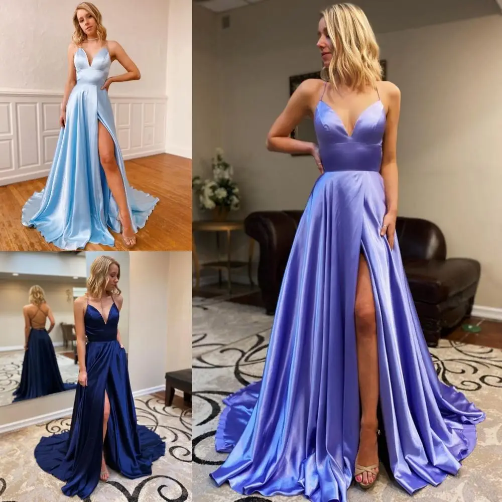 Statement Back Prom Dress 2020 A Line Spaghetti Straps Satin Formal Event Wear Gowns with Split Side Long Real Photo