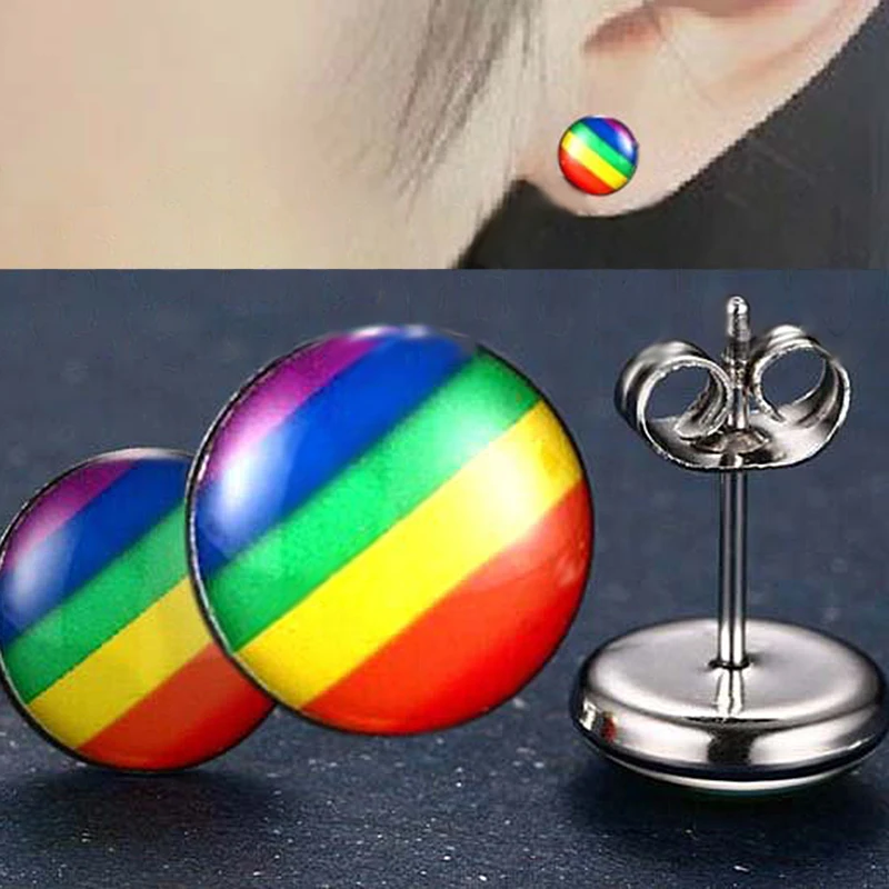 2pcs Rainbow Stud Earrings for Women Men Cartilage Fake Plug Tunnel Ear Piercing Tragus Helix Bar Stainless Steel Body Jewelry