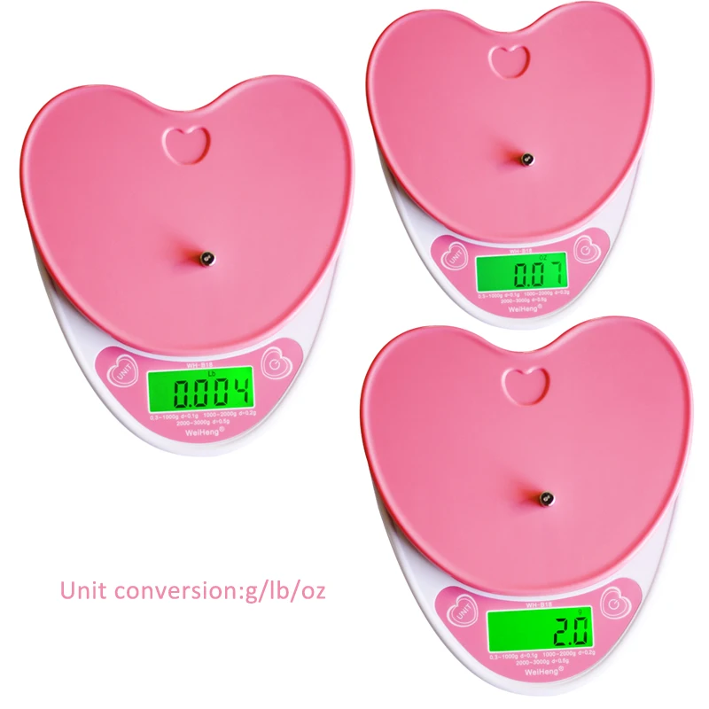 Balança digital de cozinha de alta precisão, 5kg/1g com retroiluminação alimentos em formato de coração rosa balança eletrônica g/lb/oz