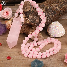 Natürliche Rosa Quarz Doppel Stick Punkt Anhänger 8mm Verfilzte Amazonit Rosen Quarz Runde Perlen Schnur Verknotet Mala Halskette Schmuck – Detail 14