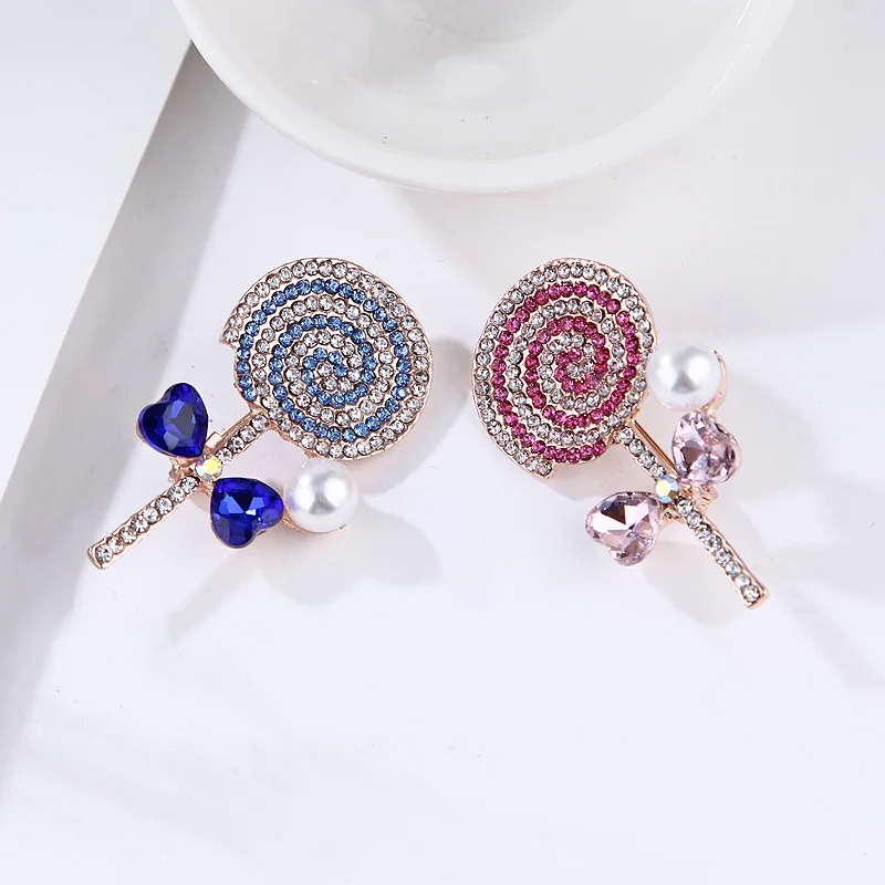 Sweet Pearl Lollipop Brooches for Women Men Suit Rhinestone Jewelry Cute Cartoon Brooch Pins Girls Bag Badge Clothes Accessories