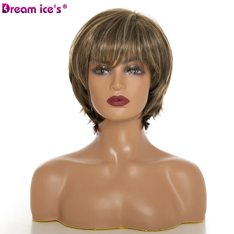 

Short Mixed Brown Pixie Cut Synthetic Wig With Bangs For Women Natural Wavy False Hair Heat Resistant Fiber Party Daily Use Wigs