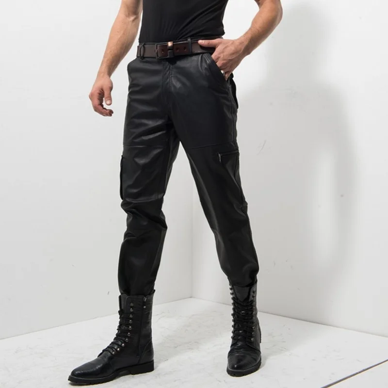 

New 2022 Black Genuine Leather Pants Men Fashion Casual Plus Size Motorcycle Pants Men Leather Joggers Pantalon Homme M-XXXXL