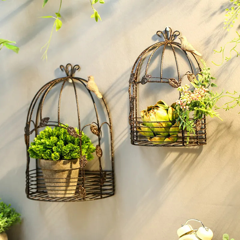 

Pastoral Wrought Iron Birdcage Wall Hanging Flower Stand Outdoor Garden Ornaments Crafts Courtyard Villa Furnishngs Decoration