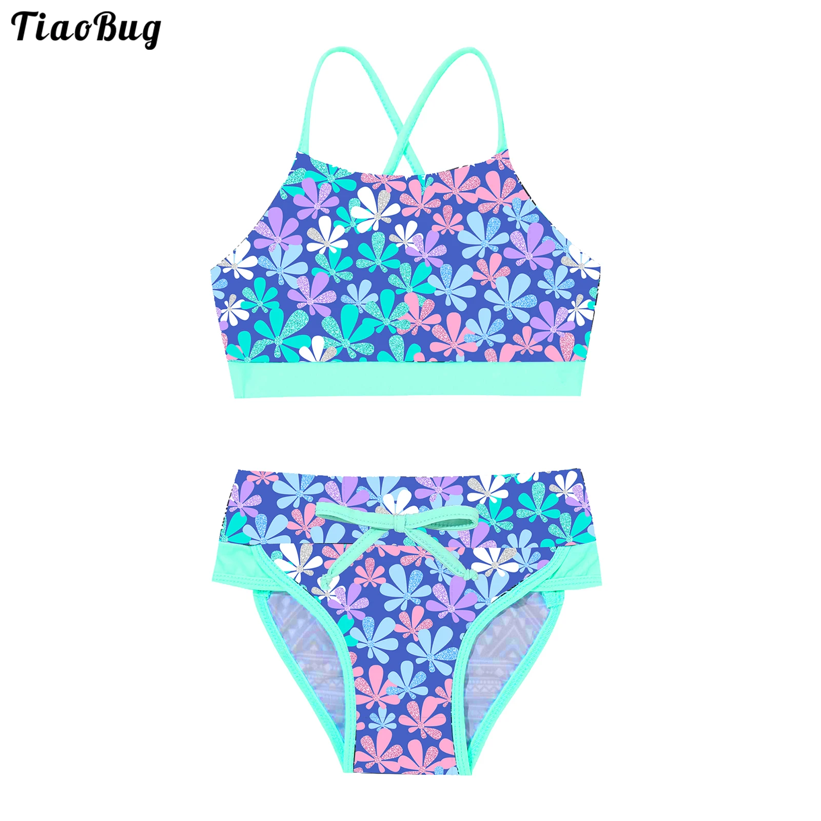 TiaoBug 3 To 14 Years Kids Girls 2Pcs Summer Swimsuit Swimwear Geometric Pattern Floral Print Bathing Suit Bikini Set