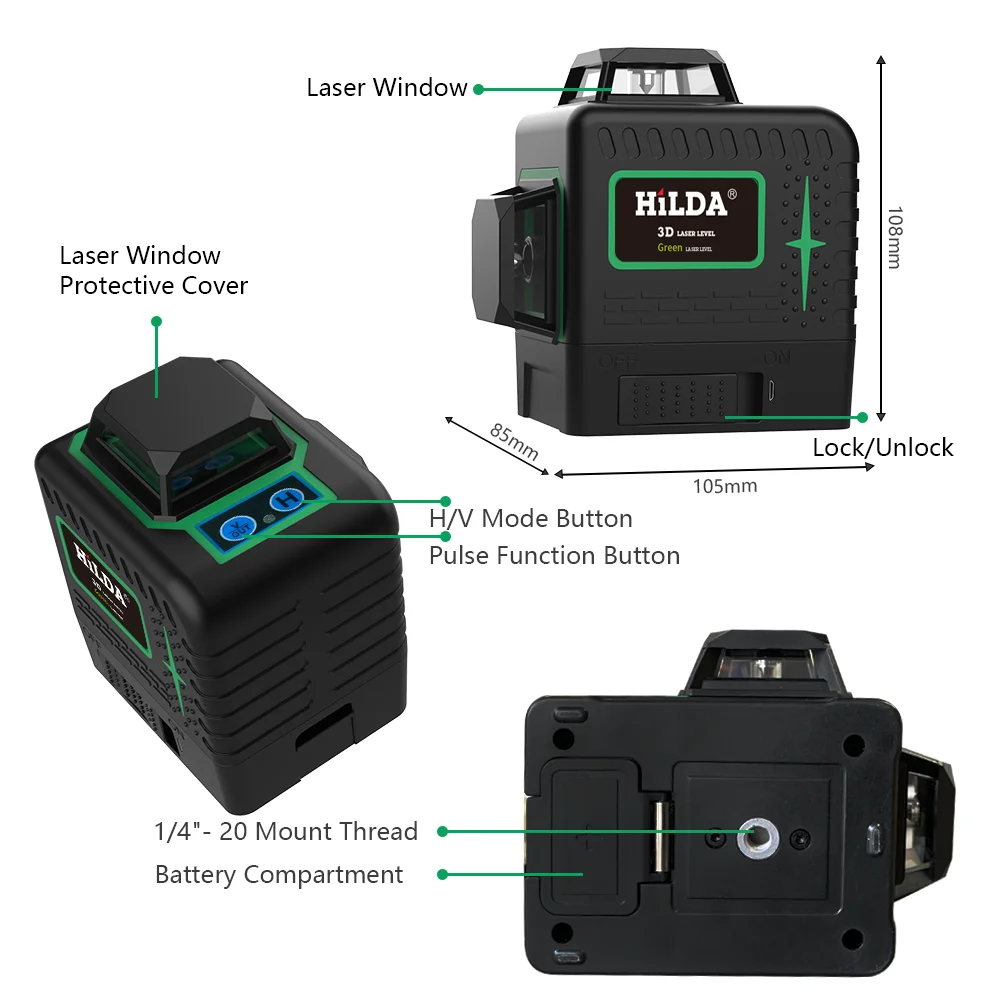 12 Lines 3D Green Laser Level Horizontal And Vertical Cross Lines Indoors and Outdoors Mini Laser Level