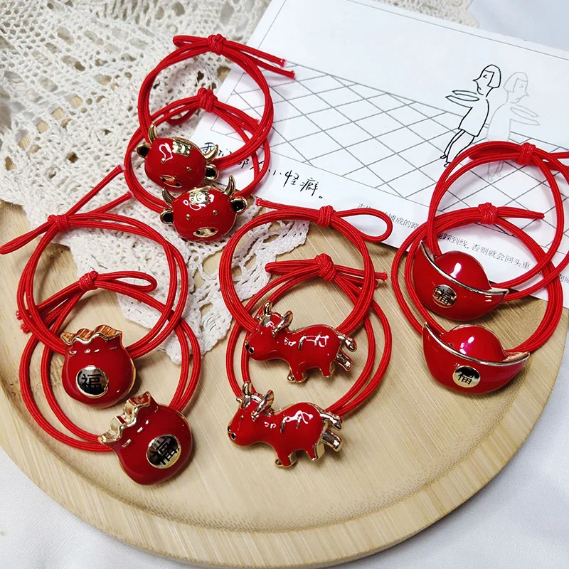 2021 New Year Arrive Lovely Simple Design Hot Selling Red Lucky Bags Bulls Decor Hair Band High Elastic Hair Rope Hair Rings