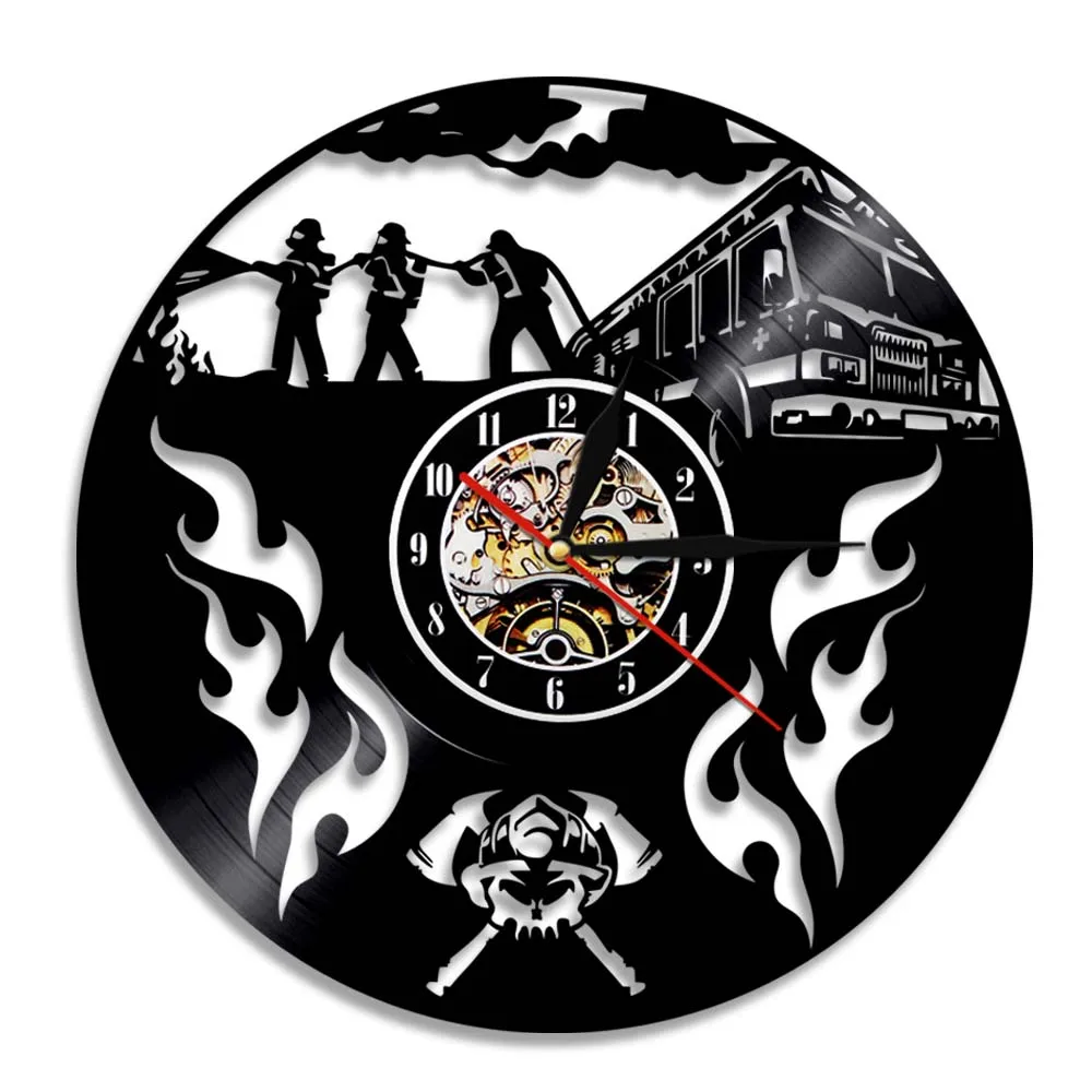 Firefighter Vinyl Record Silent Wall Clock Modern Design Fire Fighting Truck Home Decor Wall Watch For Fire Dept Firemen Gift