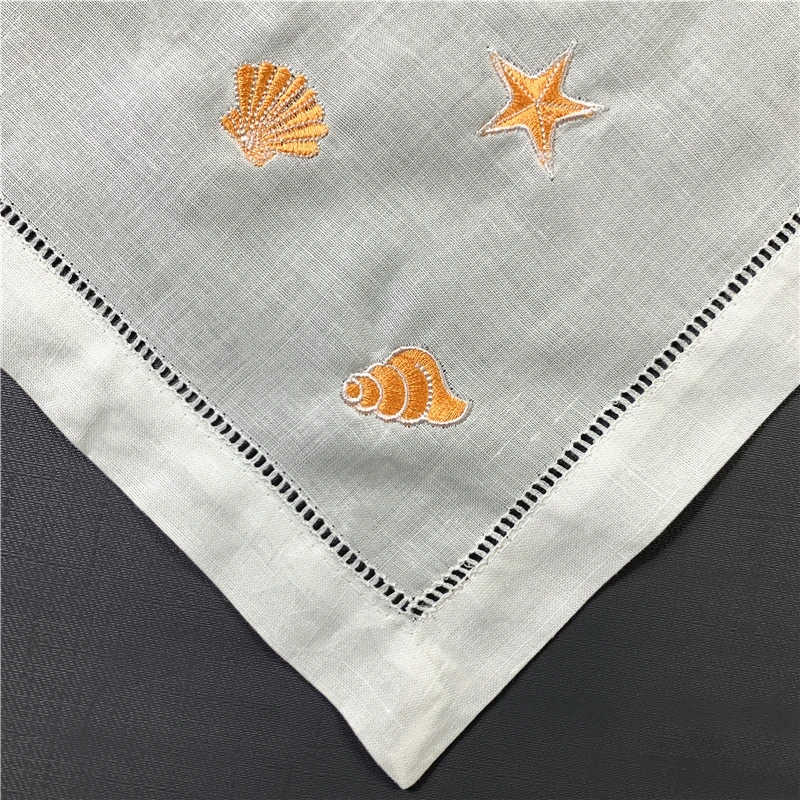 Set of 12 Handkerchiefs white Hemstitched linen Table Napkins/ Placemats/Towels Embroidered Neptune/Conch/shell/3 Specifications