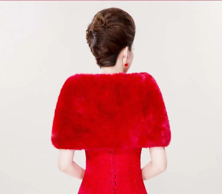 Chal de boda rojo para mujer, Bolero nupcial cálido de piel sintética, envolturas de noche de boda, chaquetas envolventes con hombros descubiertos