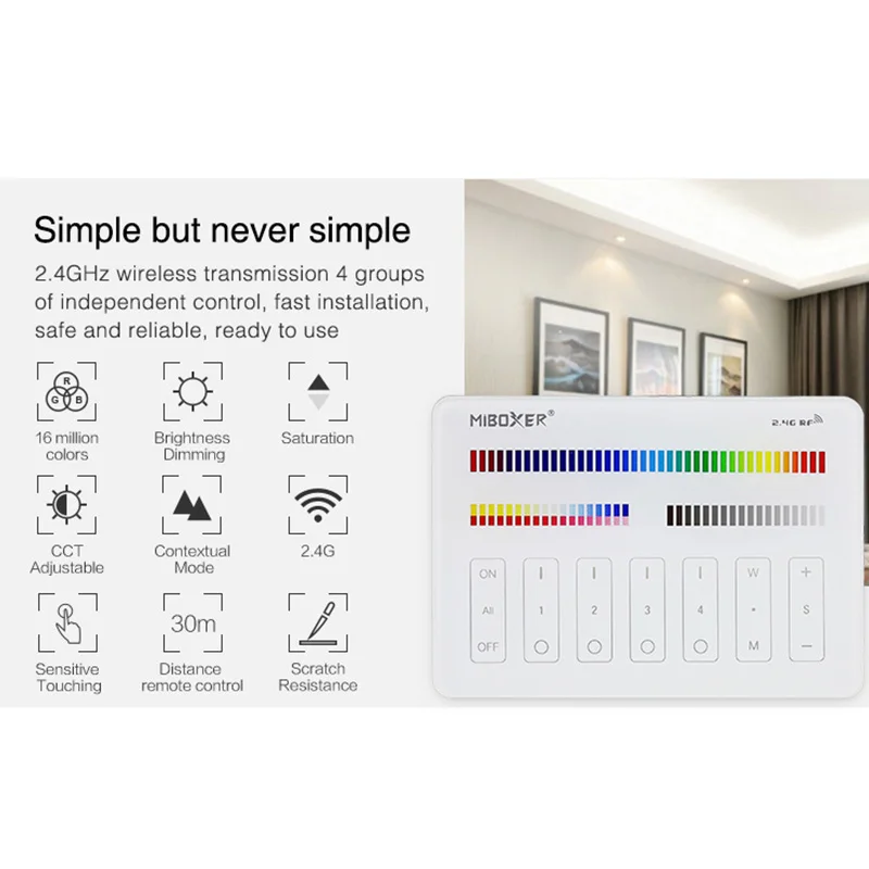 Miboxer M4 DC3.3V 4zone 2.4G Wireless Transmitting Italian Standard RGB/RGBW/RGB+CCT Series Panel Remote Controller