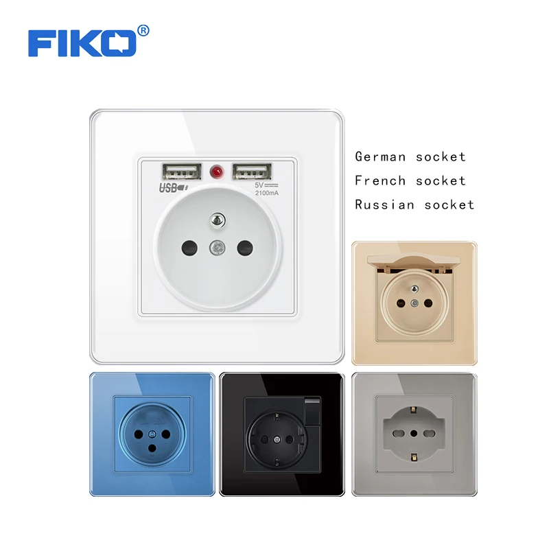 FIKO тип 86 немецкий французский 16A два отверстия розетка с переключателем и USB интерфейсом пять цветов закаленное стекло панель