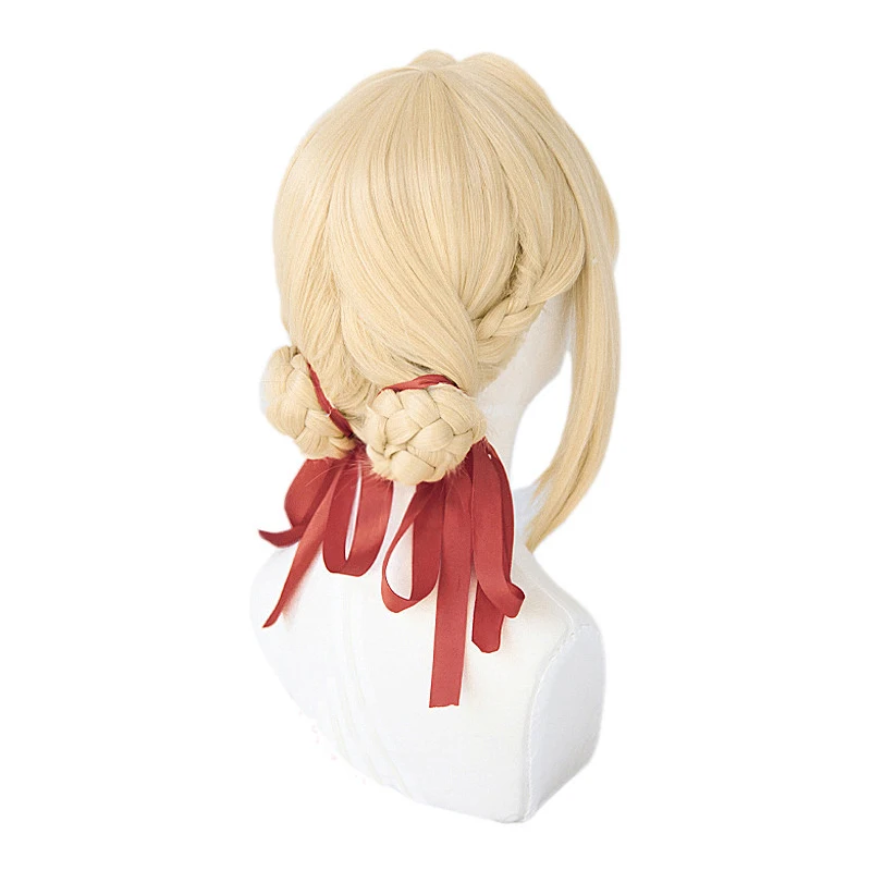 L-email wig Violet Evergarden Cosplay Wigs Blonde Braids Hair Cosplay Wig with Red Ribbon Heat Resistant Synthetic Hair