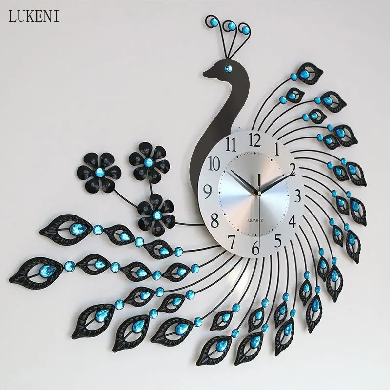 European Wall Hanging Metal Phoenix Peacock Clock Crafts Decoration Home Livingroom Personality Mute Quartz Wall Clocks Ornament