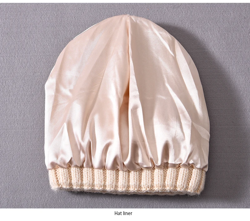 Winter-Seidensatin-gefütterte Beanie-Mütze für Damen und Herren, Unisex, dicke, klobige Mütze, gestreift, warm, weich, hochwertige Kaschmir-Strickmütze – Detail 17