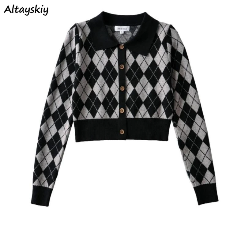 

Cardigans Women Argyle Turn-down Collar Casual Long Sleeve Sweet Cropped Feminine Sweater Retro Student College Knitwear Ulzzang