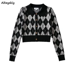 Cardigans Women Argyle Turn-down Collar Casual Long Sleeve Sweet Cropped Feminine Sweater Retro Student College Knitwear Ulzzang