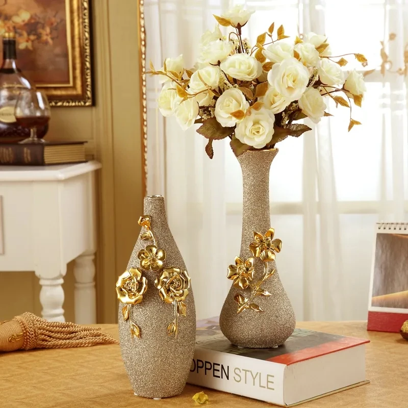 Europe Gilt Frosted Porcelain Vase Vintage Advanced Ceramic Flower Vase For Room Study Hallway Home Wedding Decor With Flower