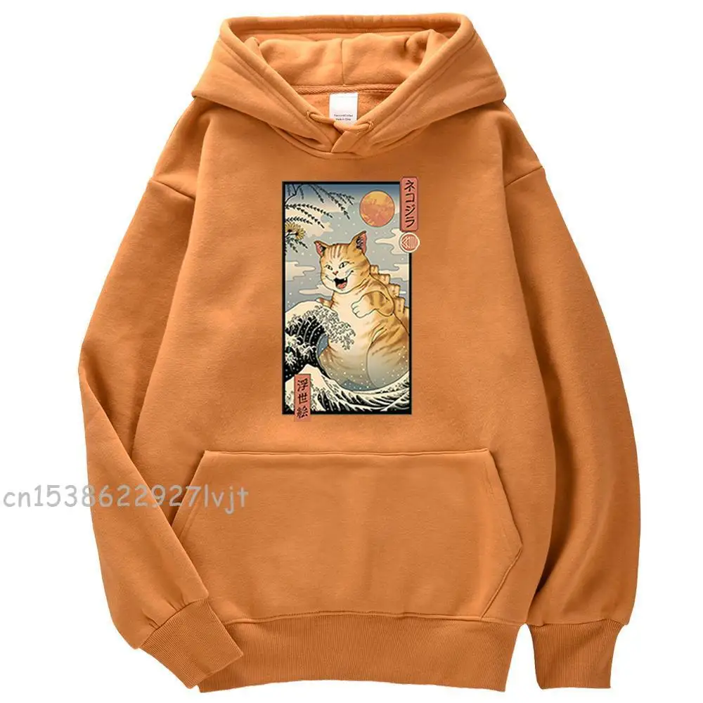 Ukiyo e Cat Cute Cartoons Print Male Hoody Solid Color Crewneck Pullovers Hoody Fashion Loose Casual Hoody Fleece Thick Hoodie