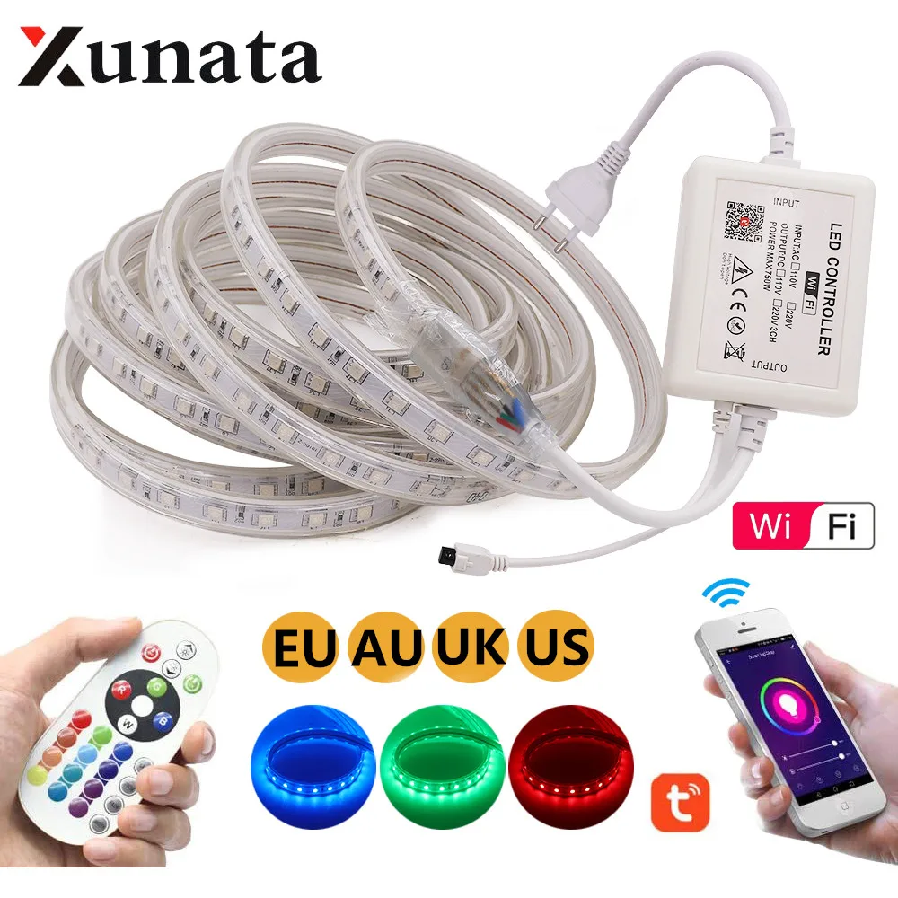 RGB LED Strip WIFI Control Light Lamp 750W Controller+24key Remote Flexible Tape LED Rope Light EU UK AU 220V US 110V 1m-100m