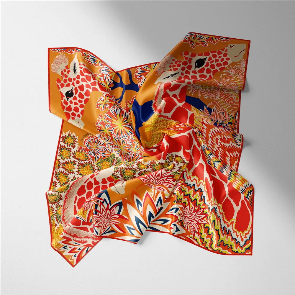 Twill Silk Scarf Woman Giraffe Painting Square Scarves Wraps Bandana Small Hijab Silk Foulards Tie Headband Neckerchief 53CM