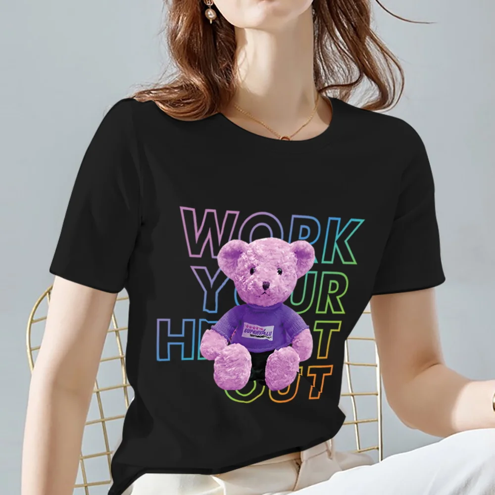 Women Tshirts Street Classic Cartoons Bear Pattern Print Series Short Sleeve Tops Summer Soft Black Classic O-Neck Ladies Tee