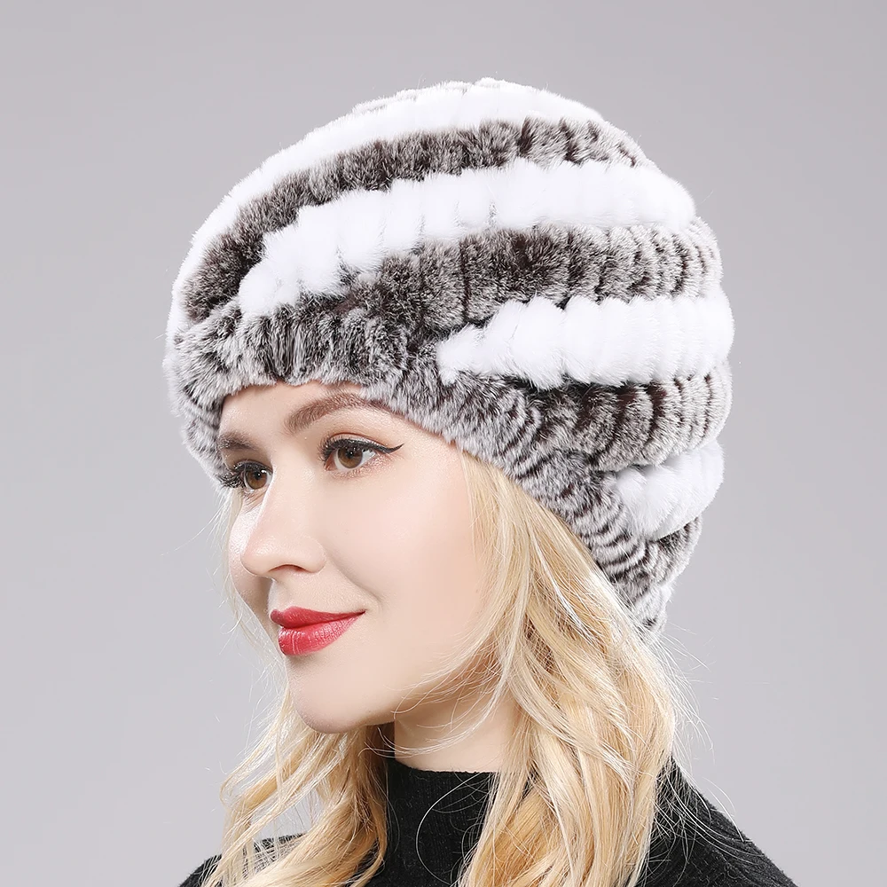 Chapeau en fourrure de lapin Rex véritable pour femme, bonnet de neige, crânes en tricot, bonnets moelleux, naturel, chaud, hiver