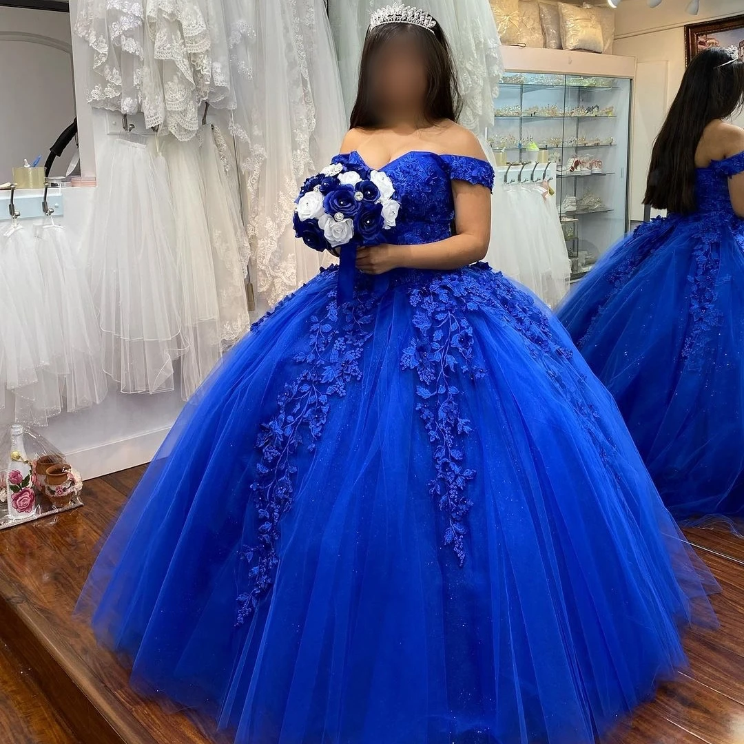 Robe longue en dentelle et Tulle bleu Royal, tenue de bal à épaules dénudées, 15 ans, 2021