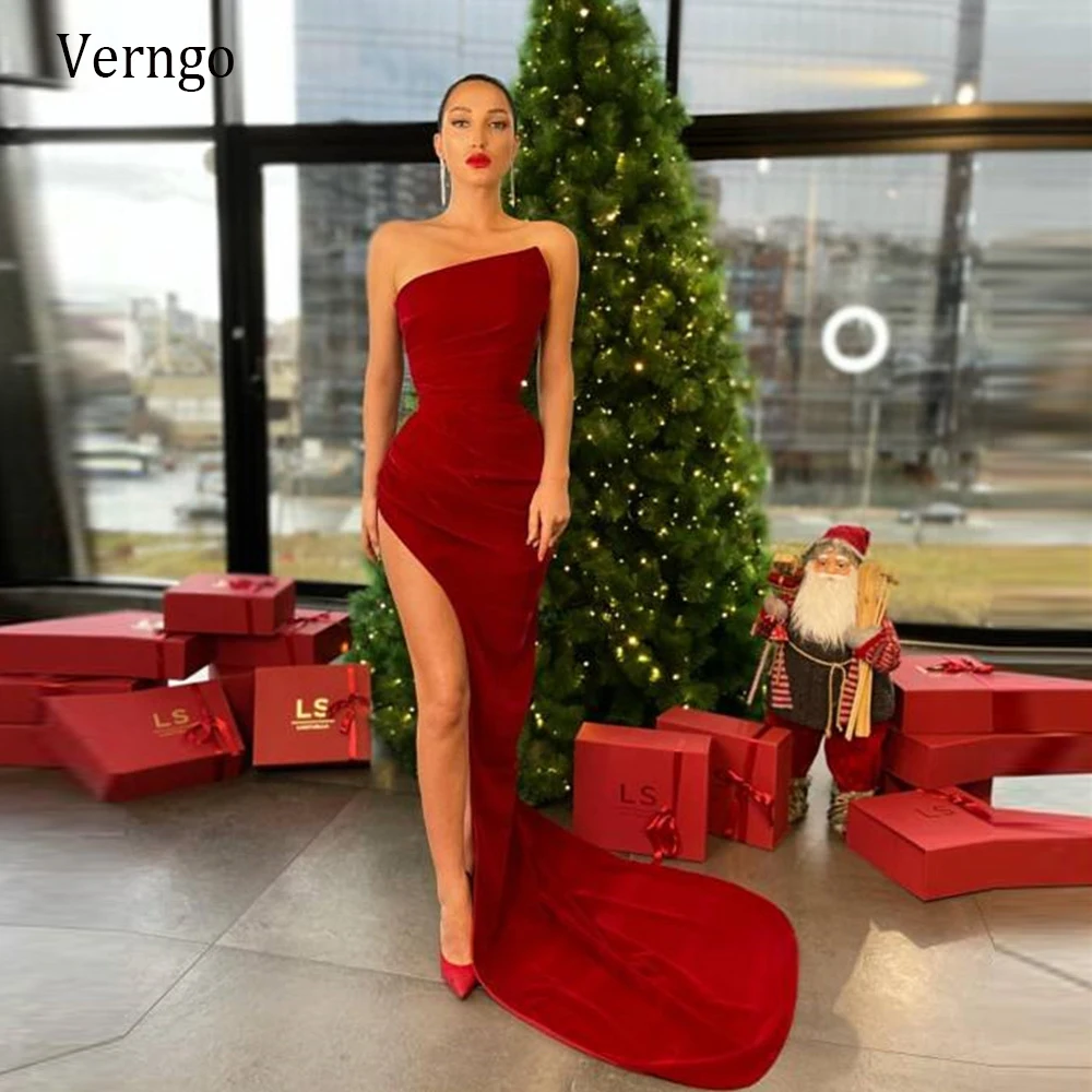 

Verngo Simple Burgundy Velour Long Evening Dresses Sexy Strapless Side Slit 2021 Prom Gowns Custom Made Formal Party Dresses