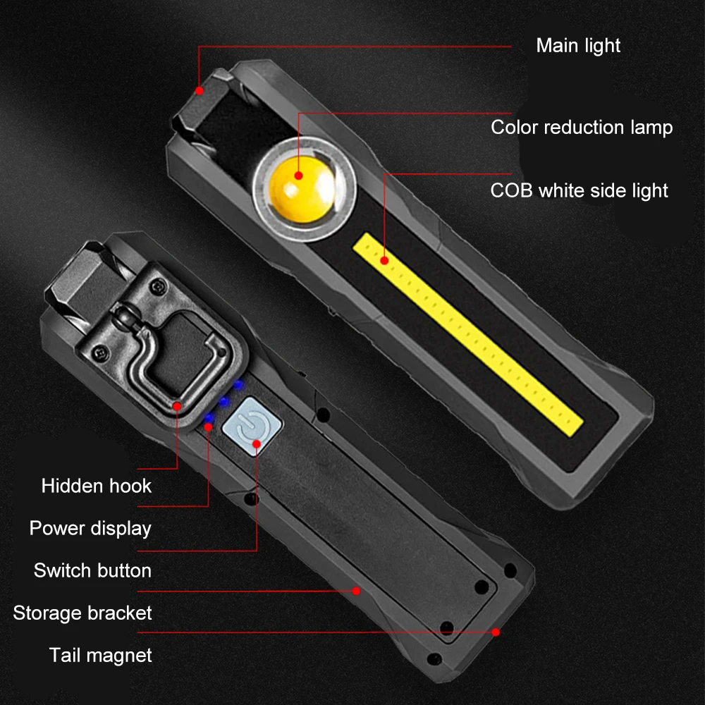 Work Flashlight With Rechargeable Battery Stick Light Camping Torch Tail Light Magnetic Work Light Purple Cob Led Flashlight