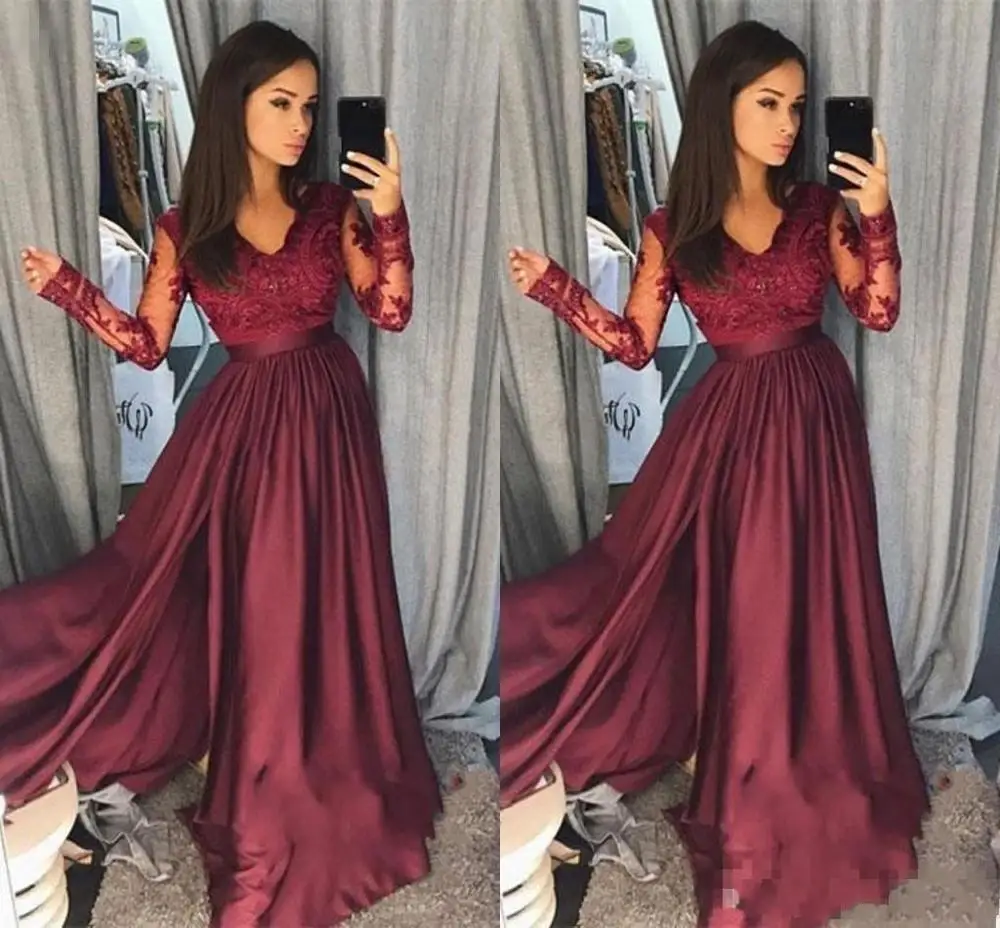 2020 Modest vestidos de fiesta Borgoña cuello pico Apliques de encaje mangas largas con cuentas longitud del piso lado Split Formal especial de noche