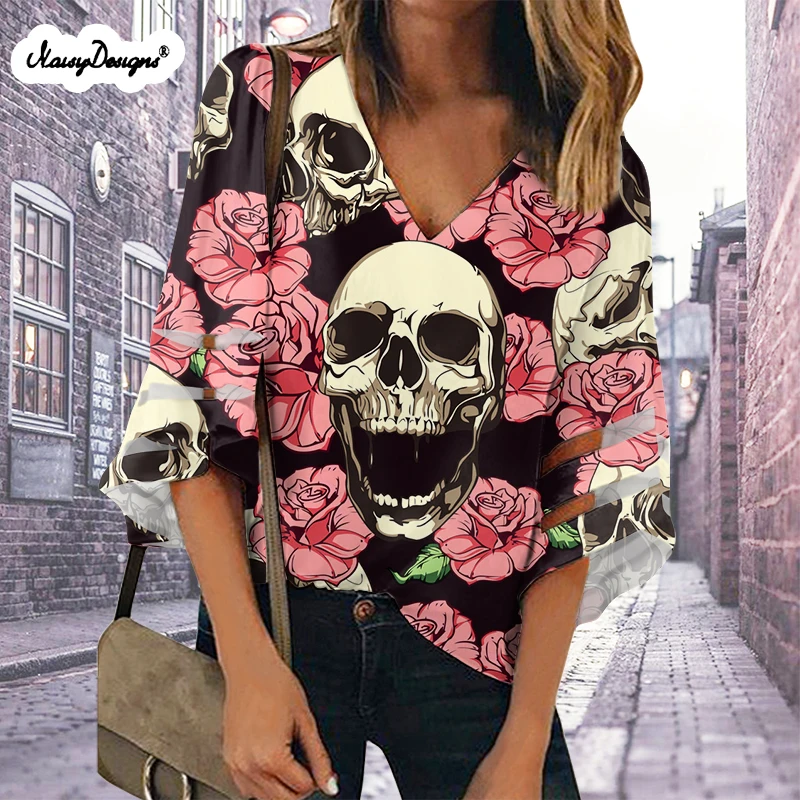 

Noisydesigns Cool Women Blouse Tunic Skull Pattern 2021 Summer Chiffon V-Neck Tops Shirts Girl Mujer Clothing Free Dropshipping