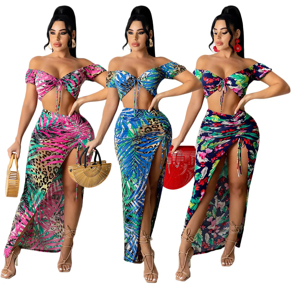 

European and American Women's New Hot Style Sexy Strappy Print Wrap Chest Drawstring Top Hollow Bikini Skirt Suit