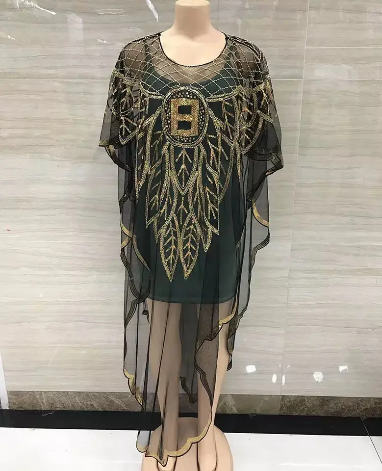 Spring 2022 New African Women's Fashion Gown Chiffon Batwing Sleeve Sequins And Fringes Loose Versatile Dress With Free Size