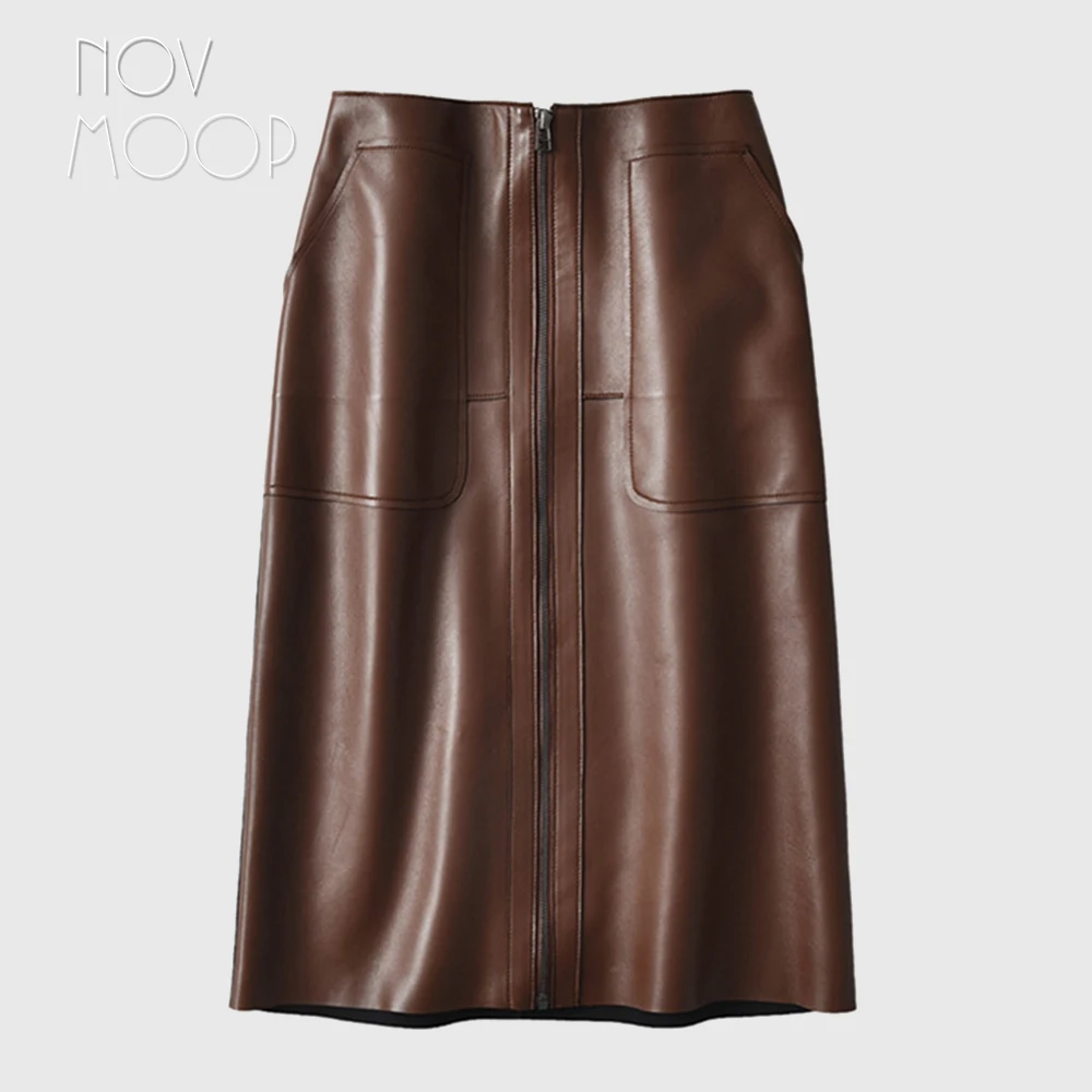 

Novmoop Italy vintage style women spring dark brown A-line sheepskin genuine leather skirt with zipper pocket decor LT3042