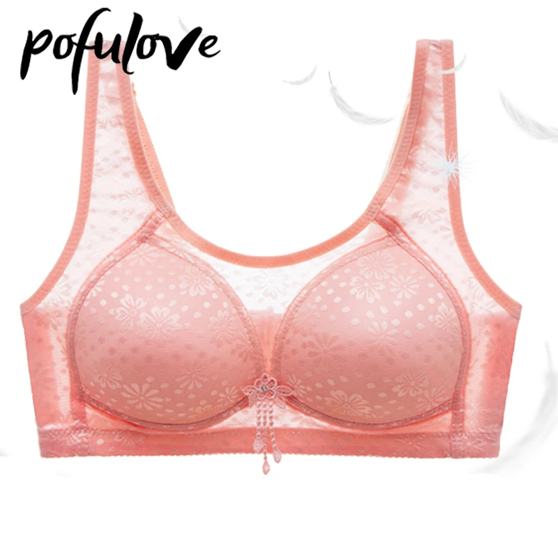 Plus Size Bras for Women Lace Sexy Push Up Bra Floral Bralette Wireless Seamless Underwear Thin Wide Straps Mesh Brassiere Pink