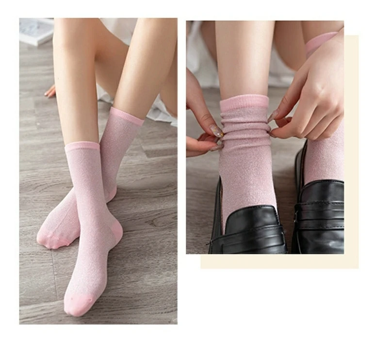 Fashion women\'s shiny solid color high quality combed cotton socks gold and silver thread soft and comfortable woman socks