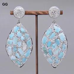 GuaiGuai Jewelry Natural Blue Larimar Silver Color Rhinestone Pave Dangle Stud Earrings For Women Jewelry Gift