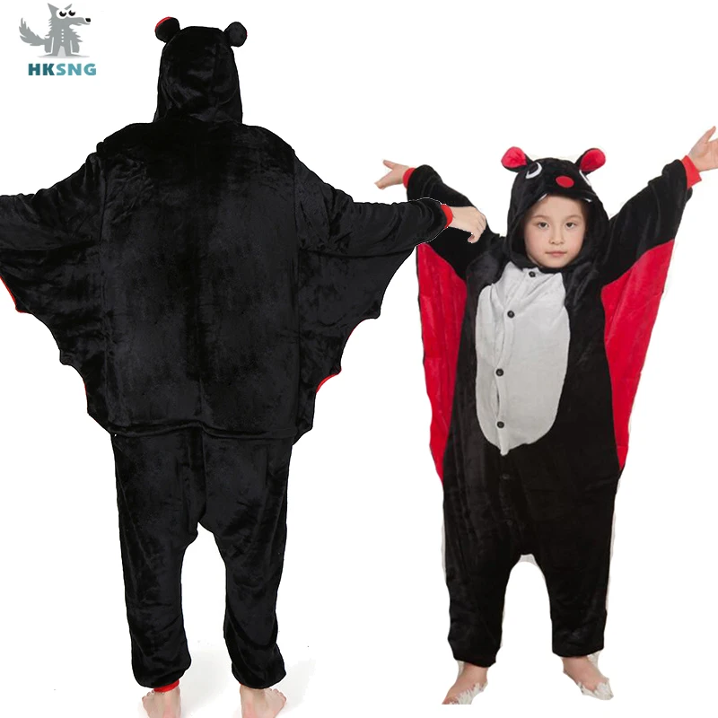 HKSNG Winter Animal Bat Onesie Kigurumi Pajamas Flannel Cartoon Family Party Hooded Cosplay Costumes Funny Jumpsuits Zipper Suit