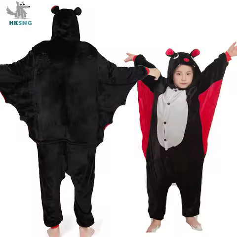HKSNG Winter Animal Bat Onesie Kigurumi Pajamas Flannel Cartoon Family Party Hooded Costumes Funny Jumpsuits Zipper Suit