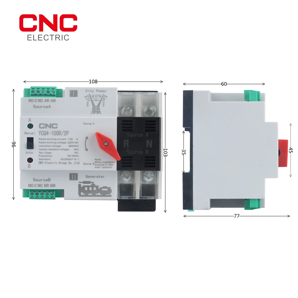 CNC YCQ4-100R 2P monofase su guida Din ATS 220V selettori elettrici a trasferimento automatico a doppia alimentazione ininterrotta