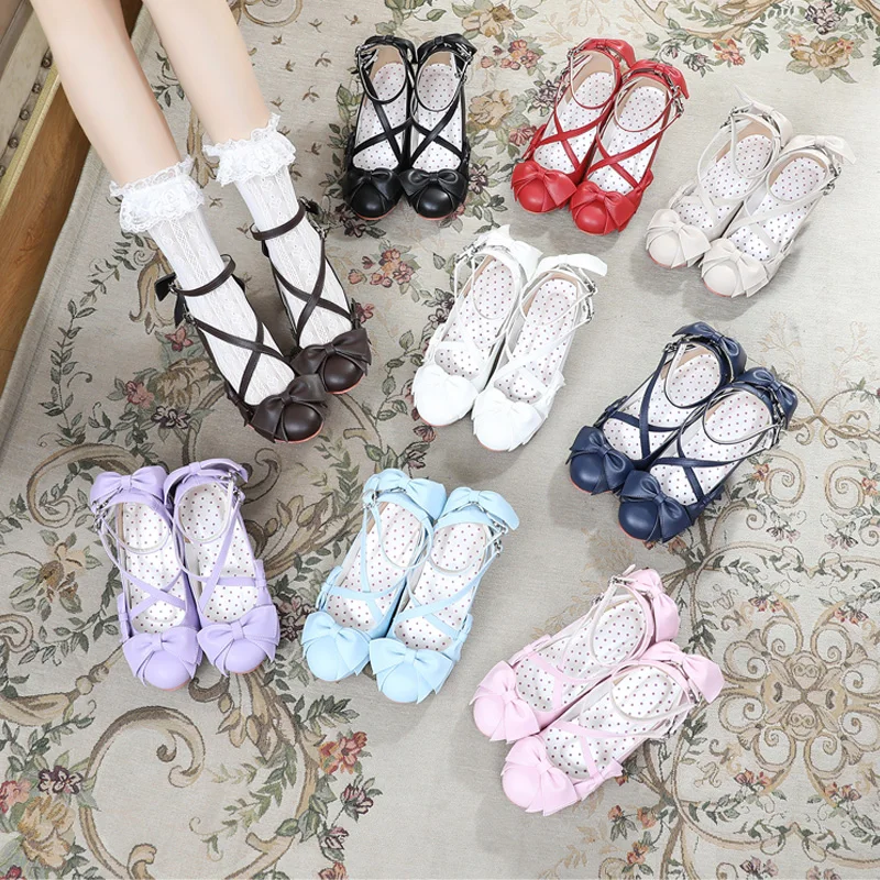 Sweet lolita shoes vintage round head high heel women shoes cute bowknot cross bandage kawaii shoes loli cosplay kawaii girl