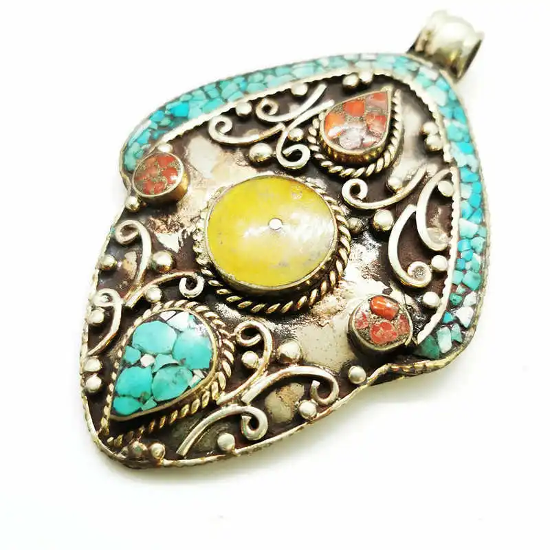 Vintage Metal Pendant Tibetan Jewelry Copper Inlay Colorful Stone Big Pendants TBP519